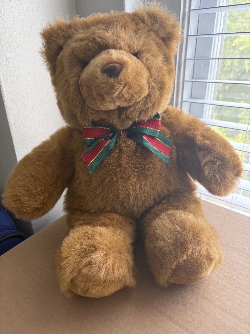 17" Vintage Gund Brown Teddy Bear Plush w Green/Red Ribbon